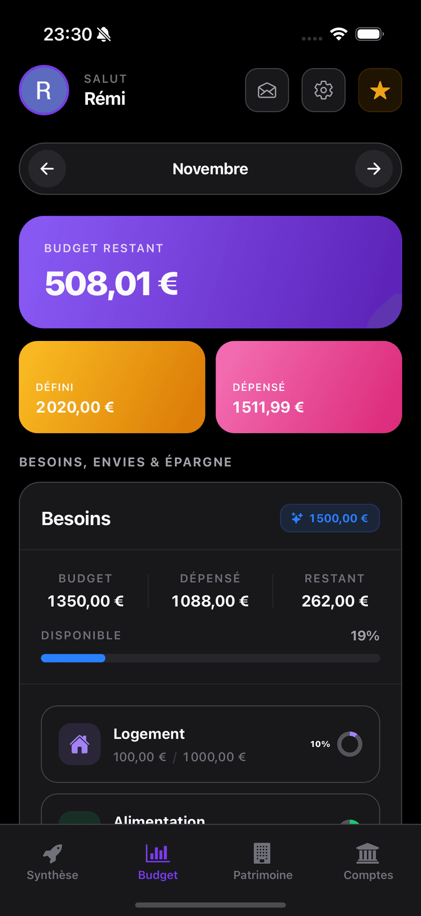 Écran de budget personnalisé avec IA - Application Trya