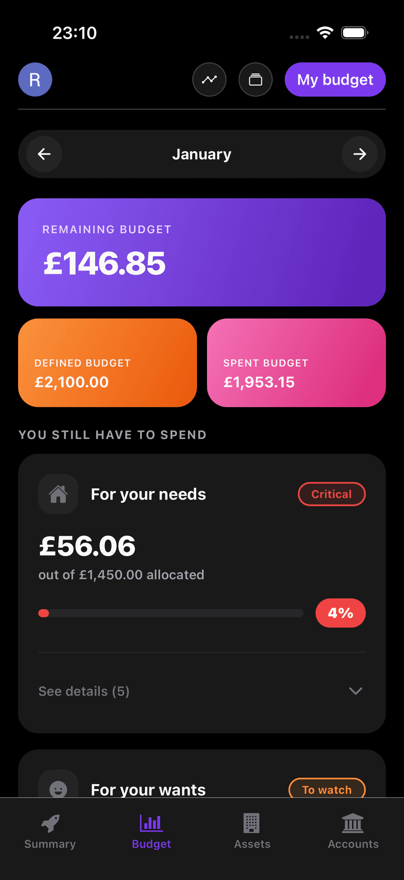 iPhone screenshot showing the personalized AI budget using the 50/30/20 method