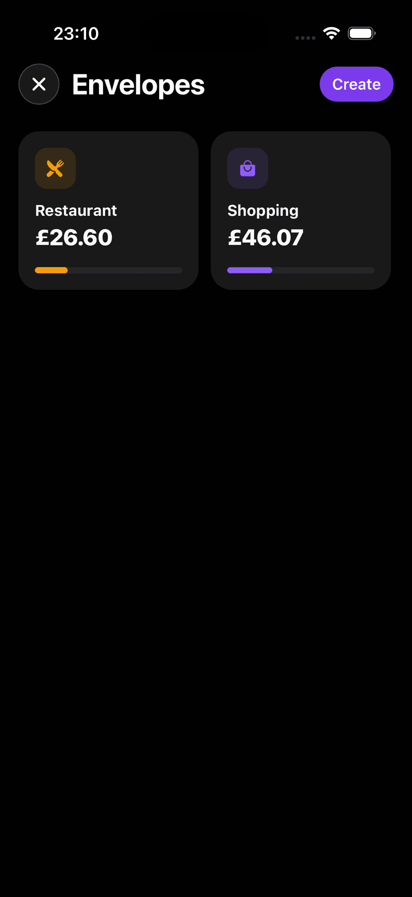 iOS app displaying budget envelopes for project tracking and savings goals