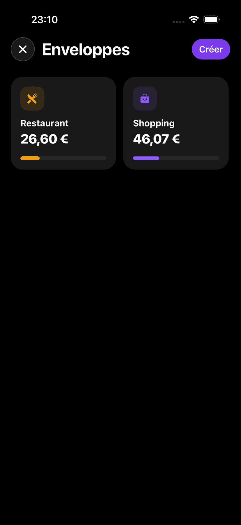 Application iOS affichant les enveloppes budgétaires pour le suivi des projets et objectifs d'épargne
